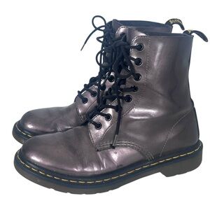 Dr Martens Patent Leather Combat Boots Womens 8.5 Metallic Silver Y2K Streetwear